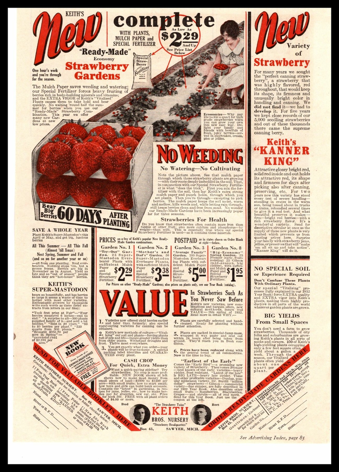 1932 Keith Bros. Nursery “Ready Made” Strawberry Garden Sawyer Michigan Print Ad