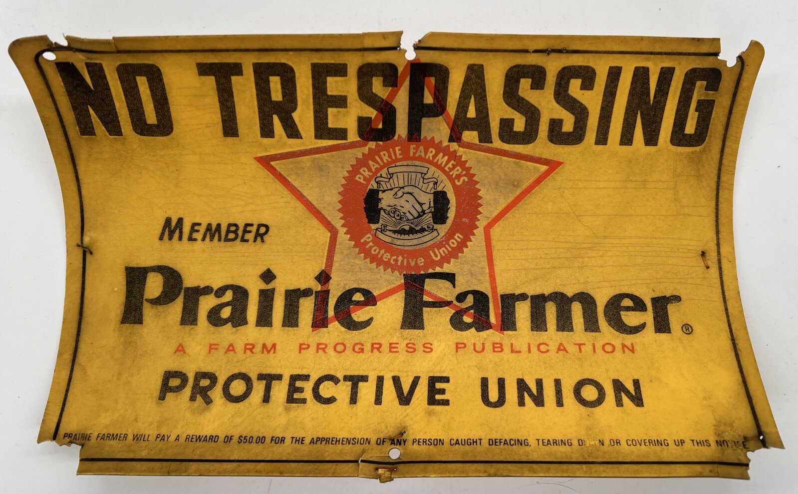 Vintage “NO TRESPASSING” Sign – PRAIRIE FARMER PROTECTIVE UNION 12″x8″ Plastic
