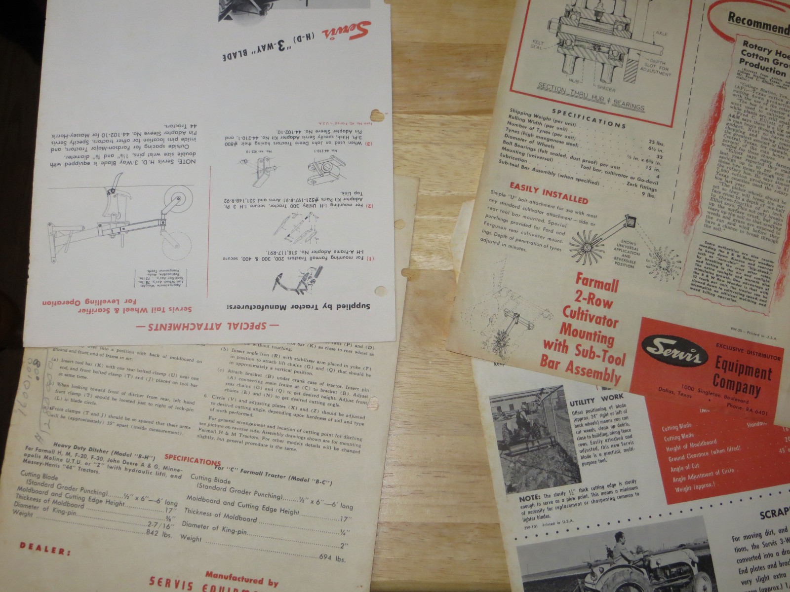 Vintage SERVIS Farm Tractor Implement Sales Brochures – Ditcher – Weeder -1940’s