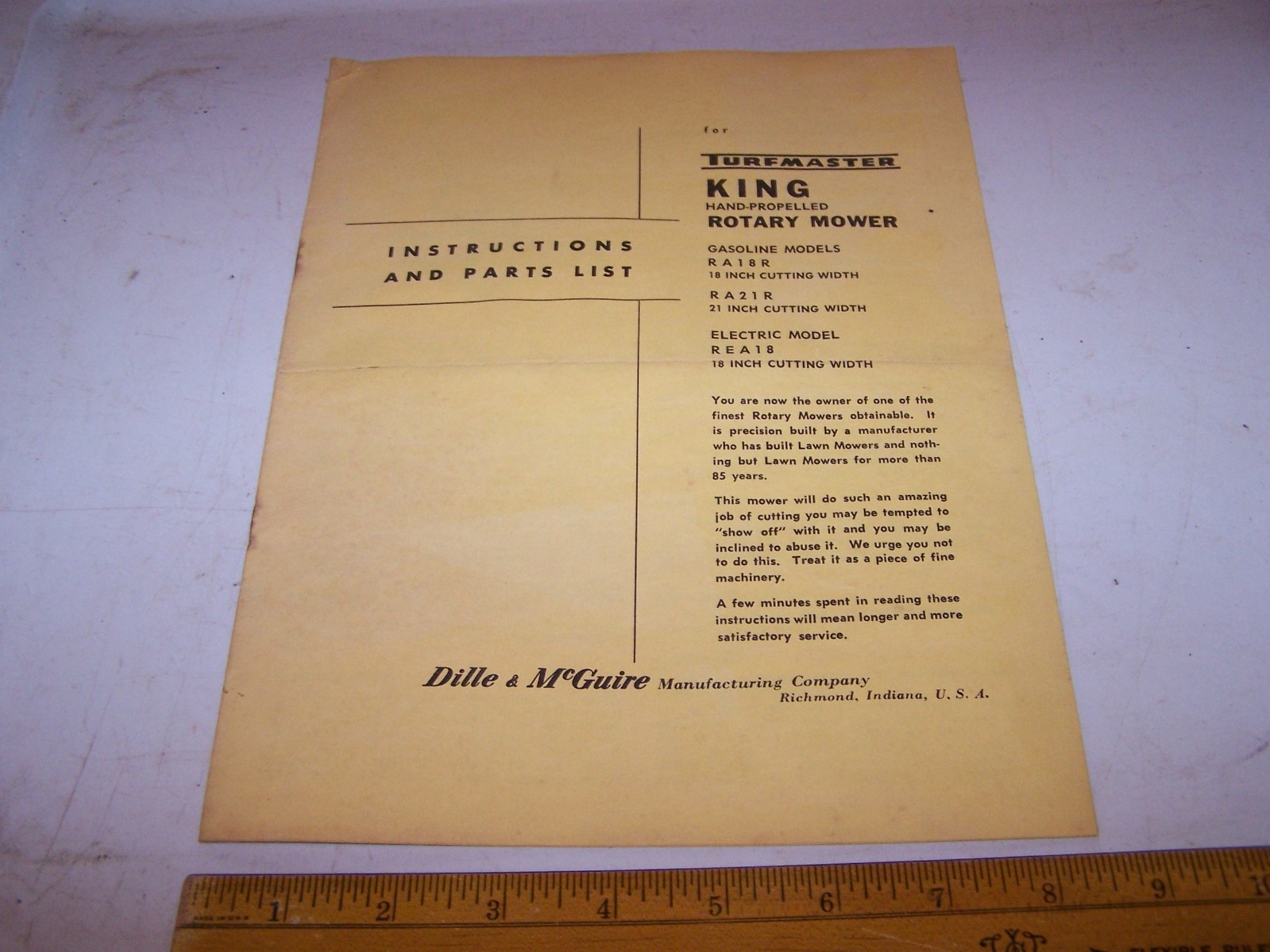Vintage TURFMASTER Rotary Push Mower Instructions & Parts List RA18R RA21R REA18