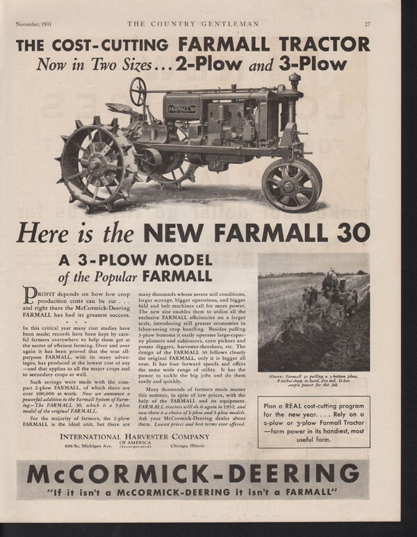 1931 FARMALL NATIONAL HARVESTER TRACTOR MCCORMICK DEERING AGRICULTURE AD 10314