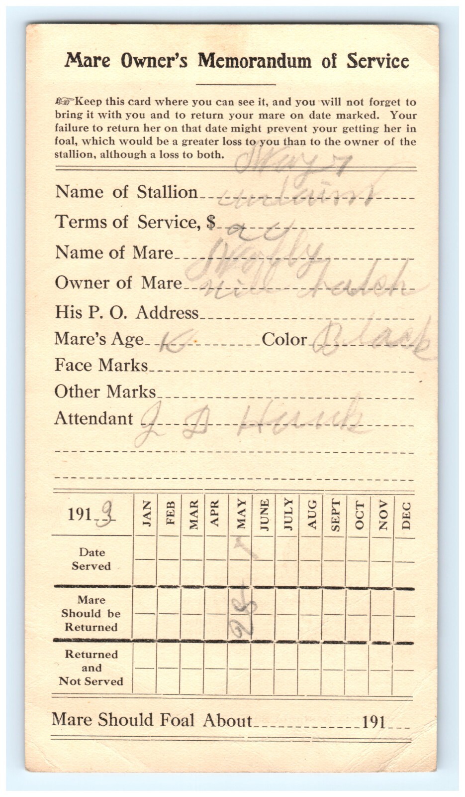 1913 Mare Owner’s Memorandum of Services Card – Foaling Chart On Back
