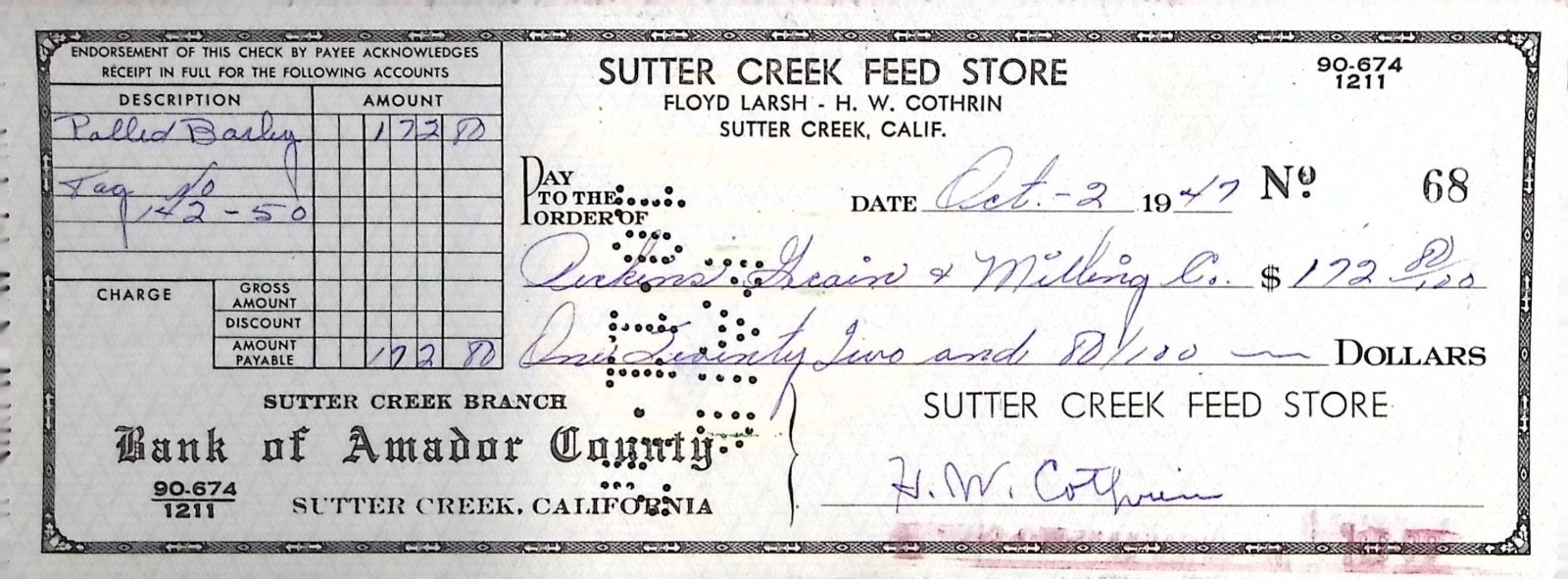 1947 Sutter Creek Feed Store Checks Bank Of Amador County California Set