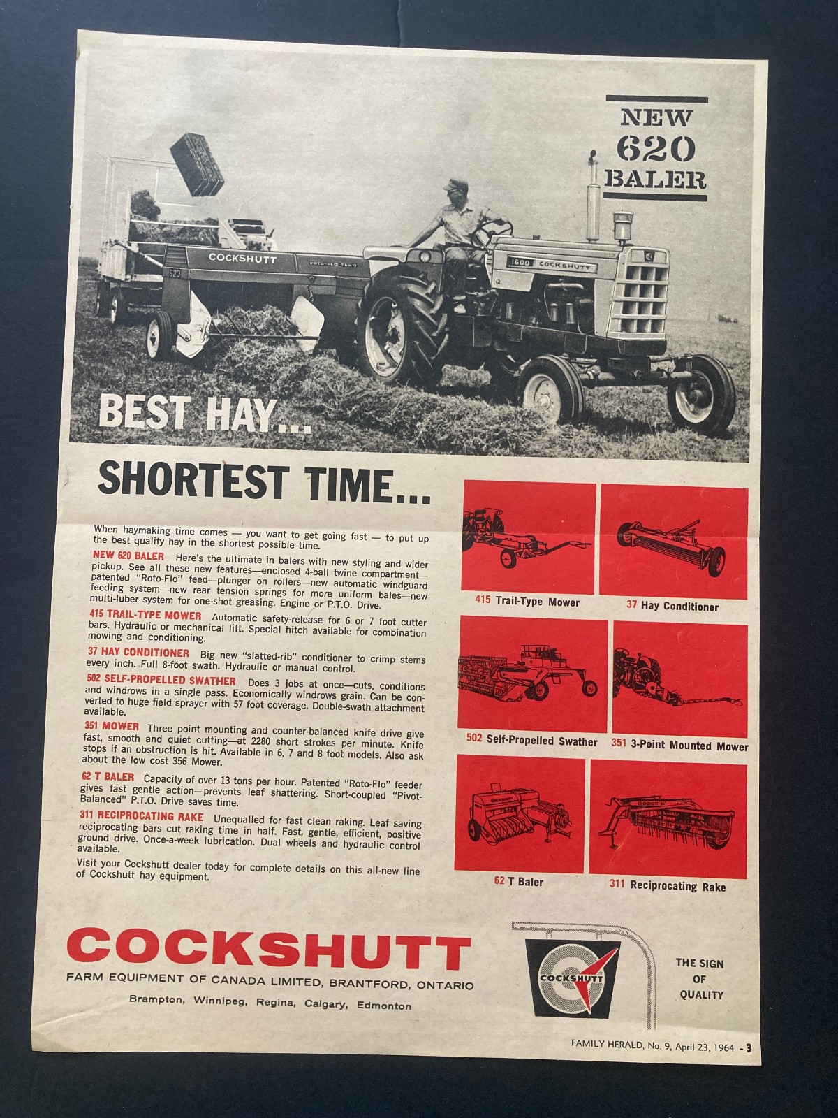 1964 CANADIAN COCKSHUTT TRACTOR AD CANADA MODEL 620 BALER