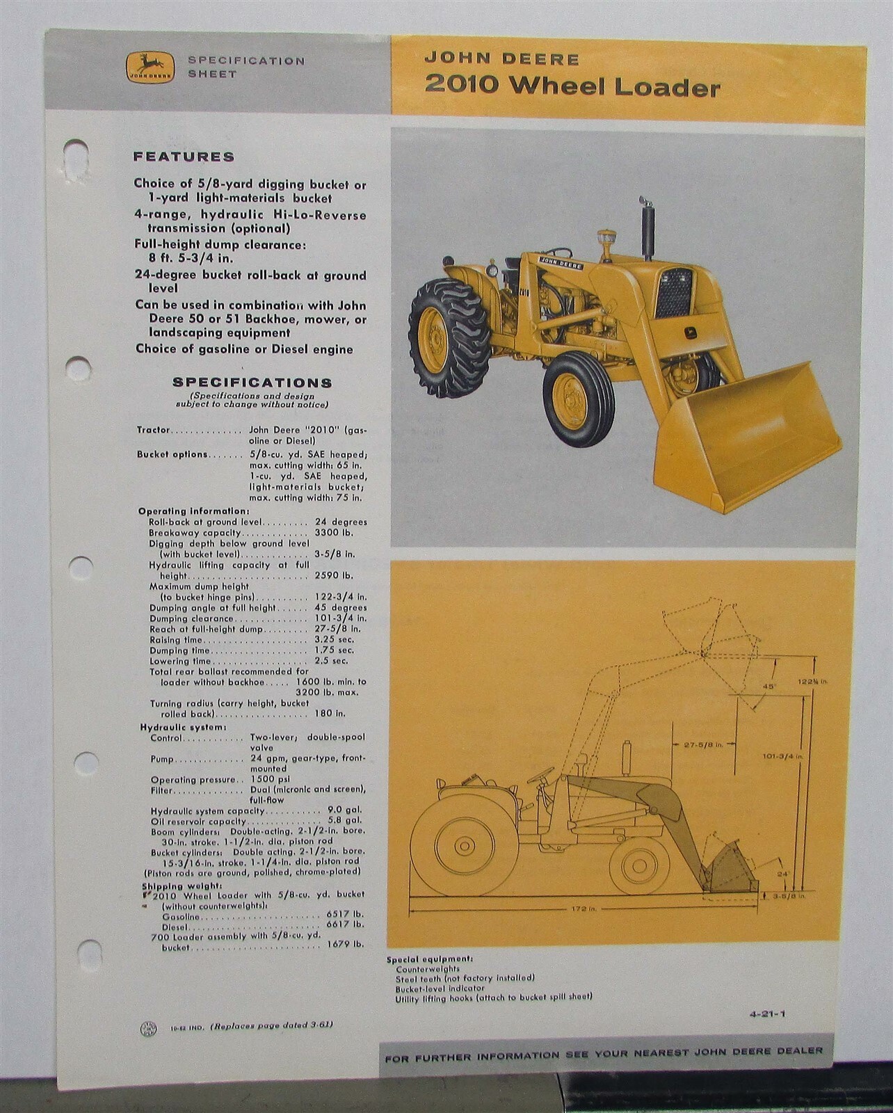 1963 John Deere 2010 Wheel Loader Specifications Construction Sale Brochure