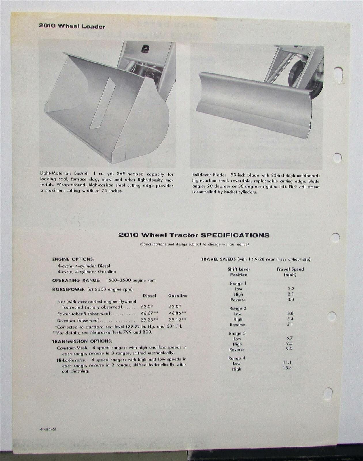 1963 John Deere 2010 Wheel Loader Specifications Construction Sale Brochure