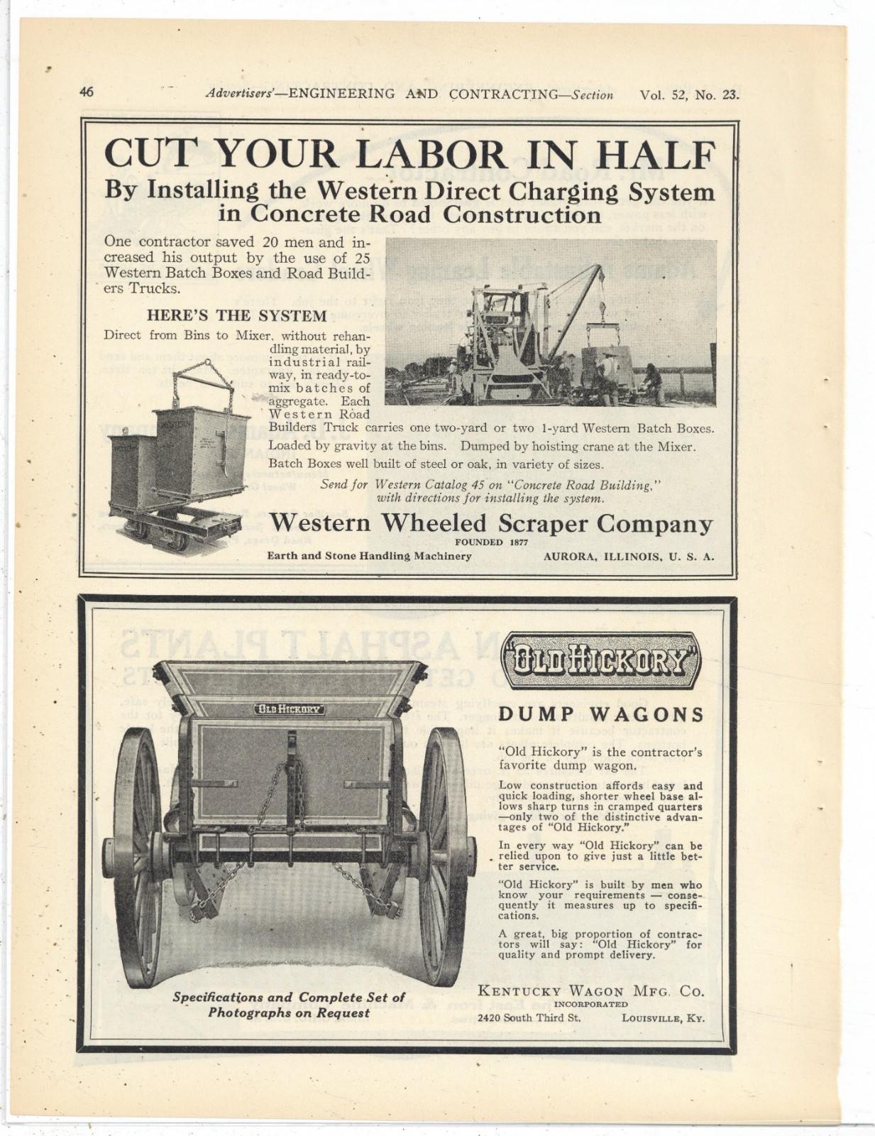 1919 Ads on Same Pg: Western Wheeled Scraper & Old Hickory, Kentucky Wagon Co.