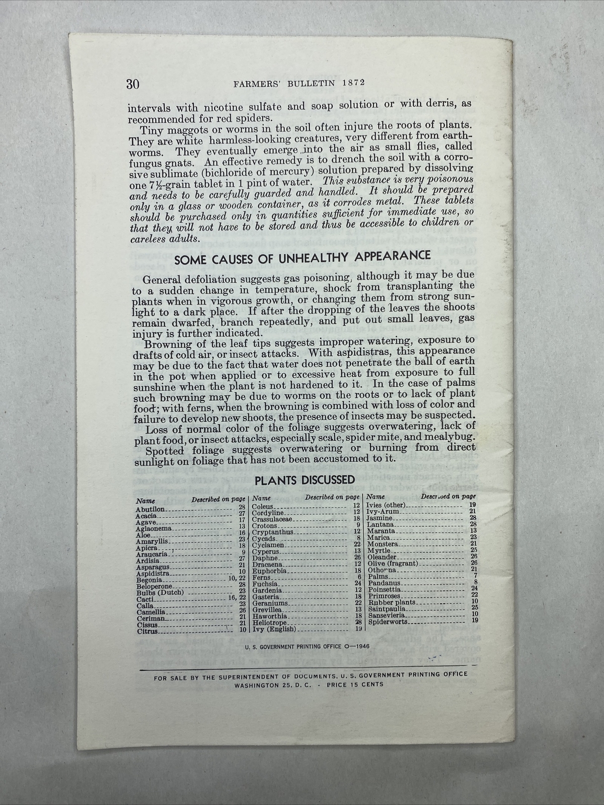 1946 USDA Farmers’ Bulletin No. 1872 House Plants Furman Lloyd Mulford