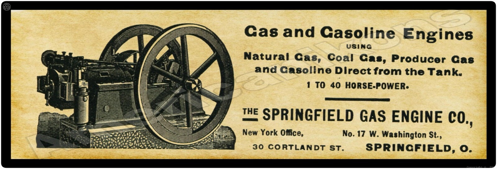 1895 Springfield Gas Engine Company New Metal Sign: Springfield, Ohio
