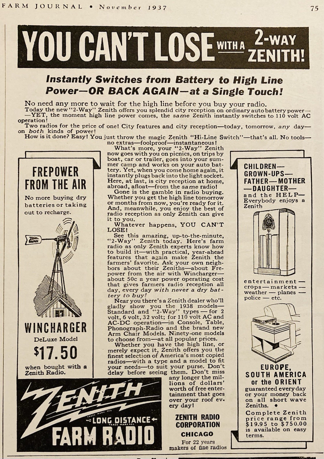 1937 AD.(XH84)~ZENITH RADIO CO. CHICAGO. 2-WAY LONG DISTANCE FARM RADIO