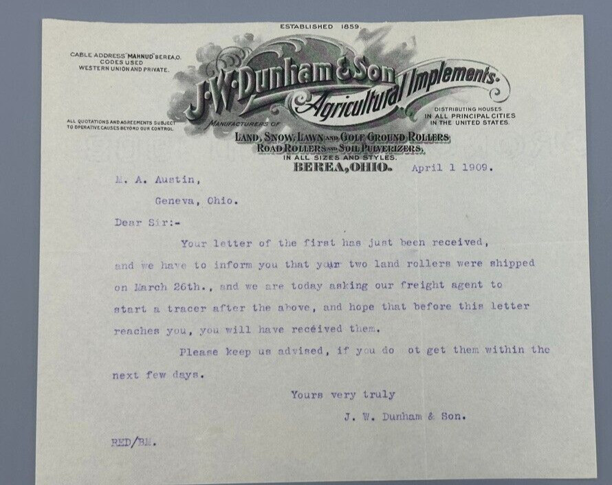 1909 Dunham ROAD ROLLER Antique FARM MACHINERY Advertising Letter BEREA Ohio