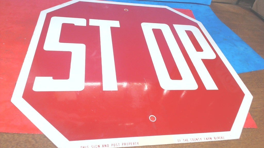 Vintage- Farm Bureau & Stop Sign- 15″ X 15″-RED & WHITE– Metal Sign