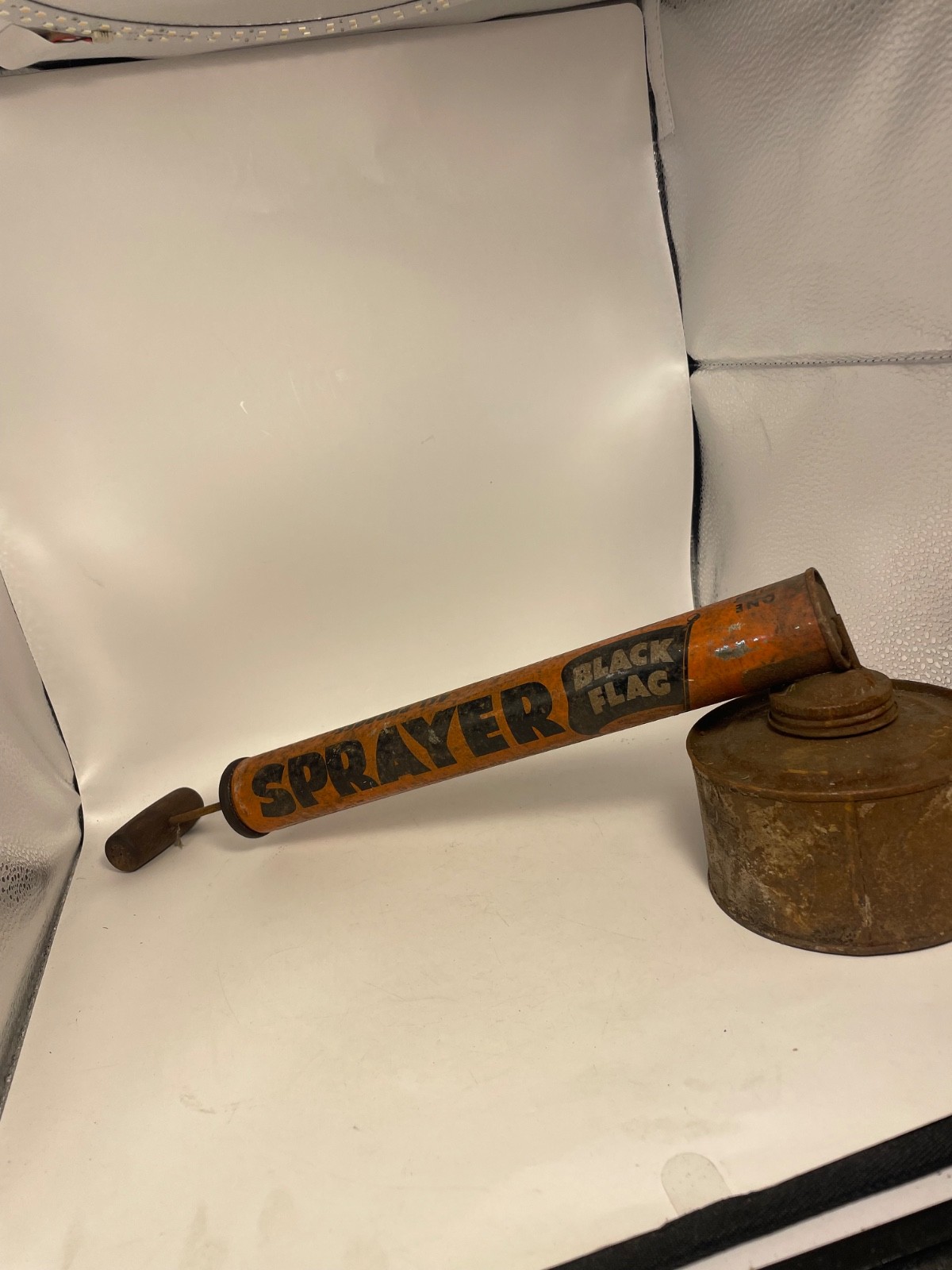 Vintage 1940’s Black Flag Tin Bug Pump Sprayer Metal Canister & Wooden Handle
