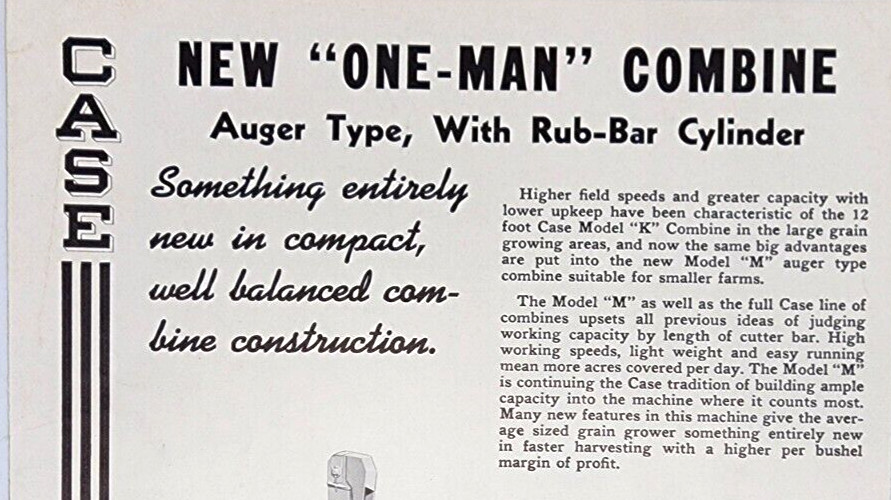 J. I. Case Co Model M One Man Combine Sales Salesman Brochure 4 Pages Vintage