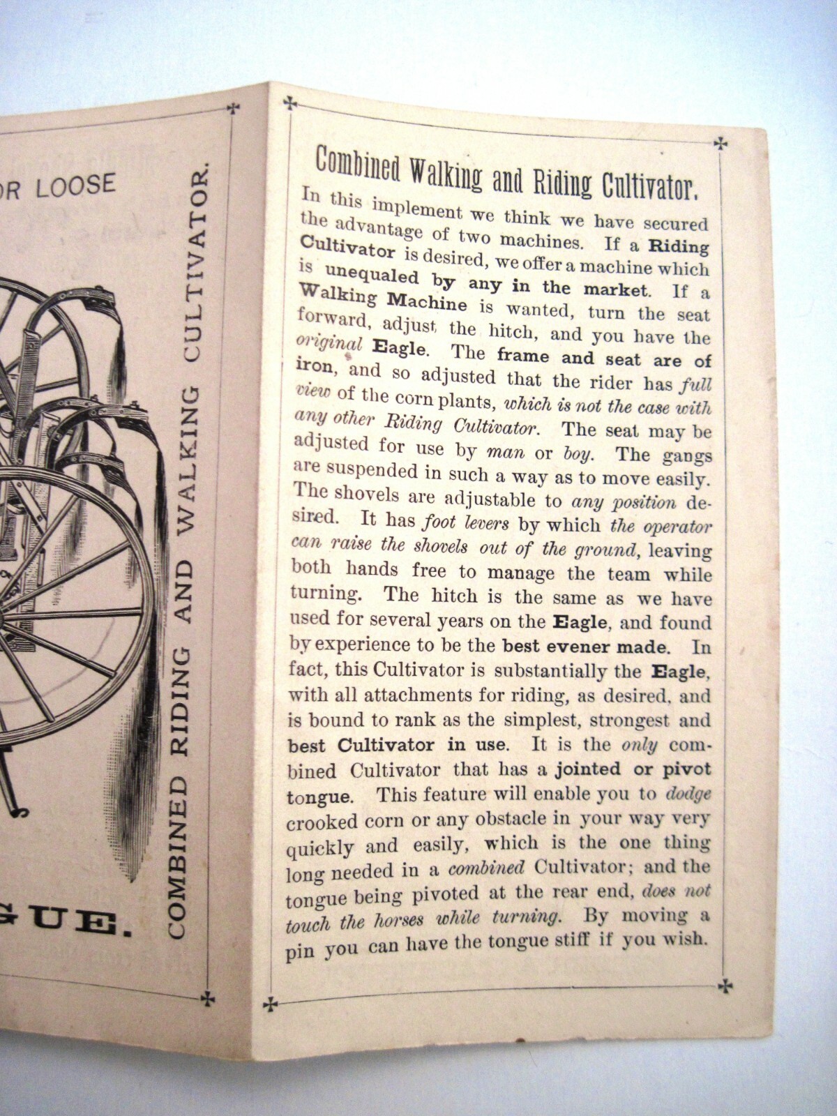1880 Pull-Out Advertising Brochure for “Eagle Cultivator” w/ Great Pictures *