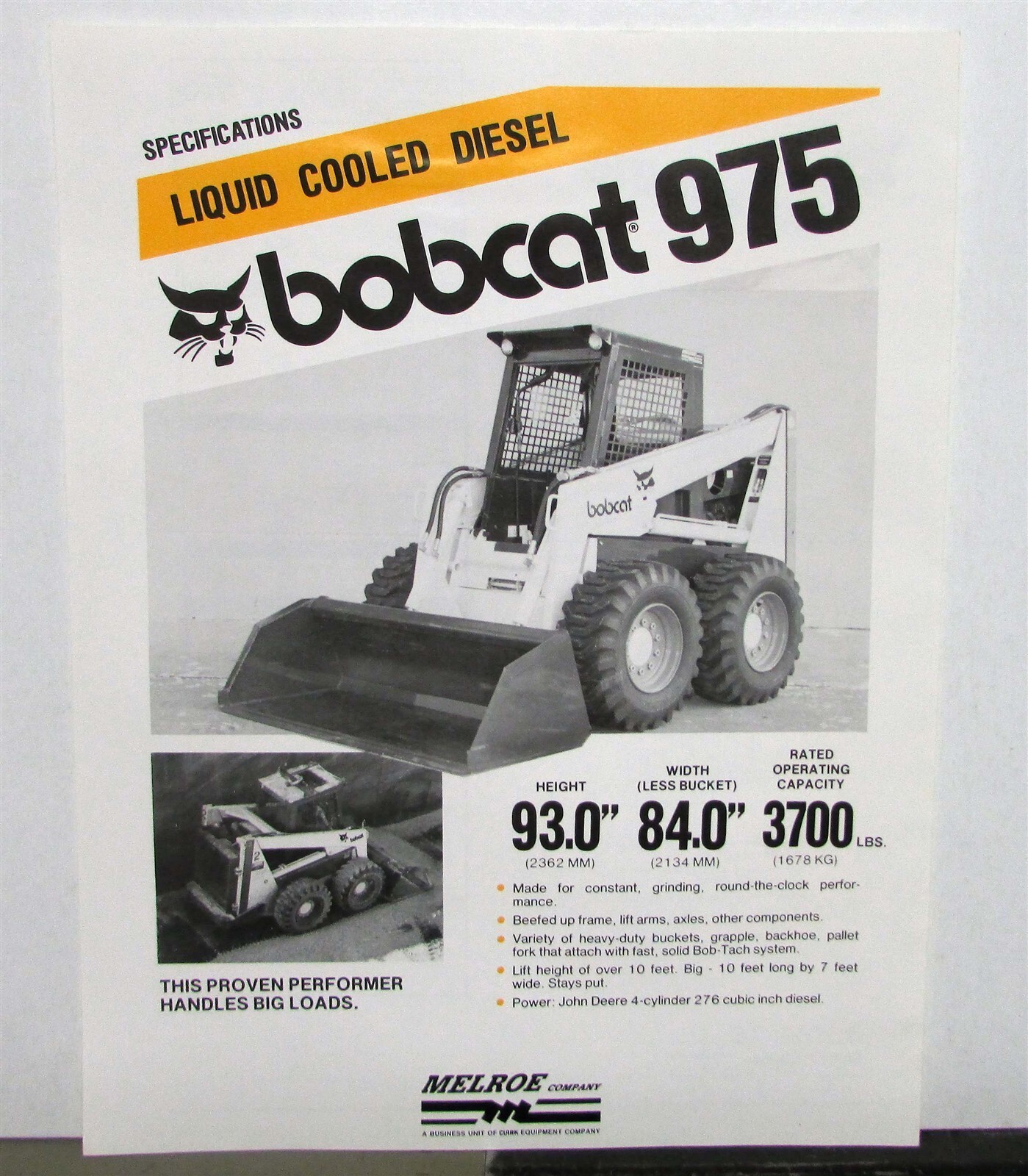 1988 Melroe Bobcat 975 Loader Specifications Construction Sales Data Sheet