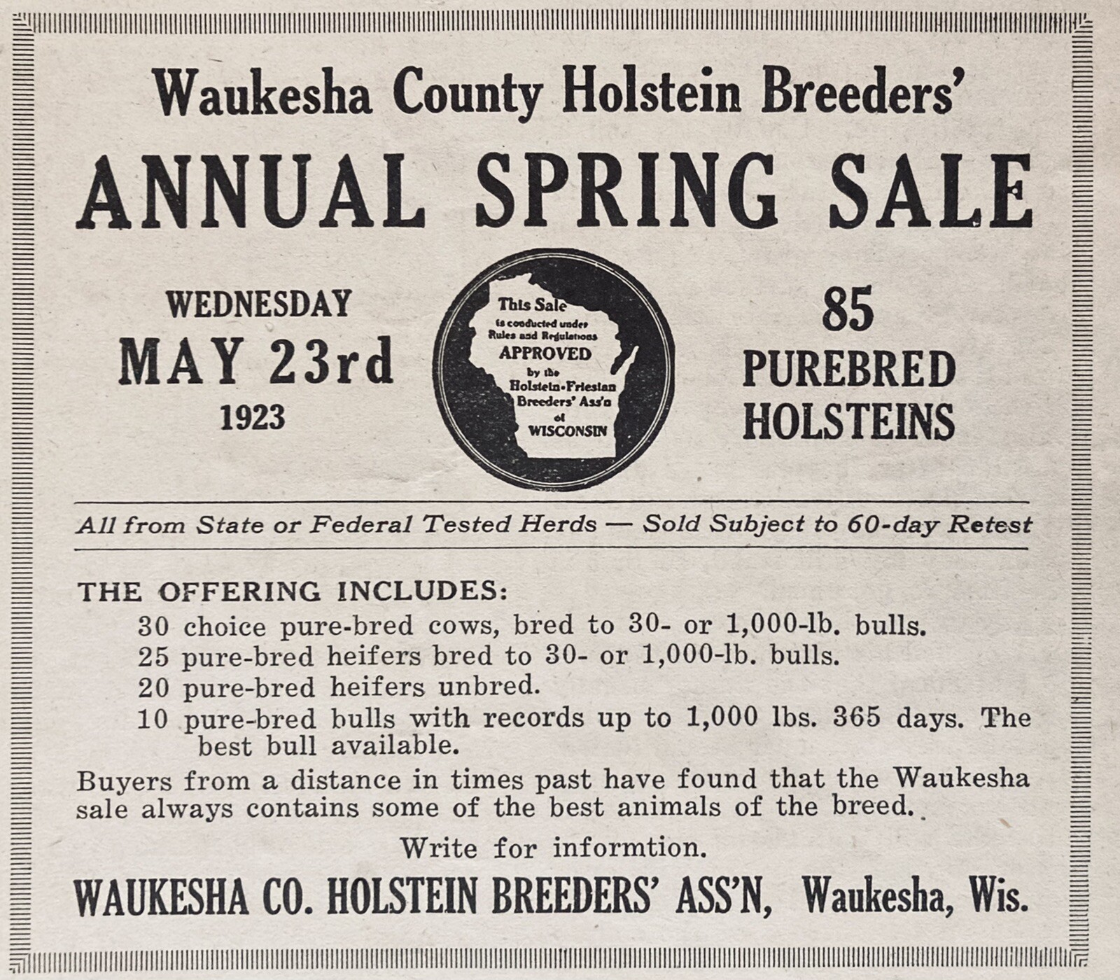 1923 AD.(XH22)~WAUKESHA CO. HOLSTEIN BREEDERS’ WAUKESHA, WIS. ANNUAL SPRING SALE
