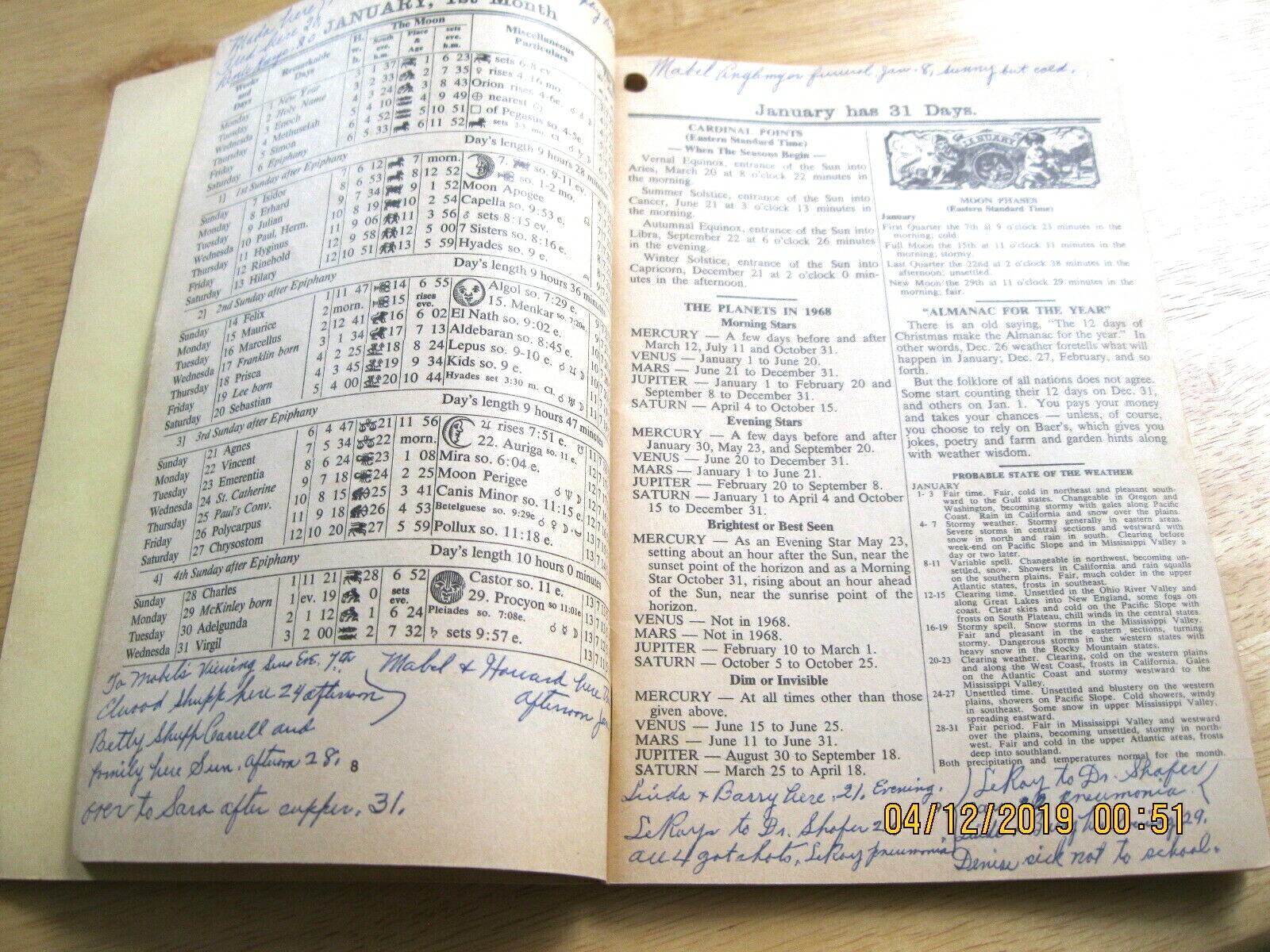 Booklet Baer’s Agricultural Almanac for the Year 1968 with Weather Forcasts
