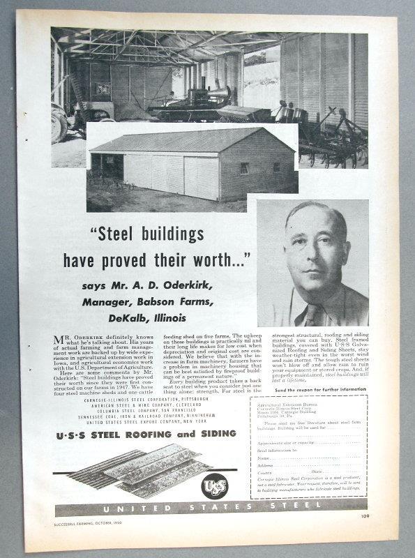 Dated Original 1950 USS Steel Building Endorsed Ad A D Oderkirk DeKalb, Illinois