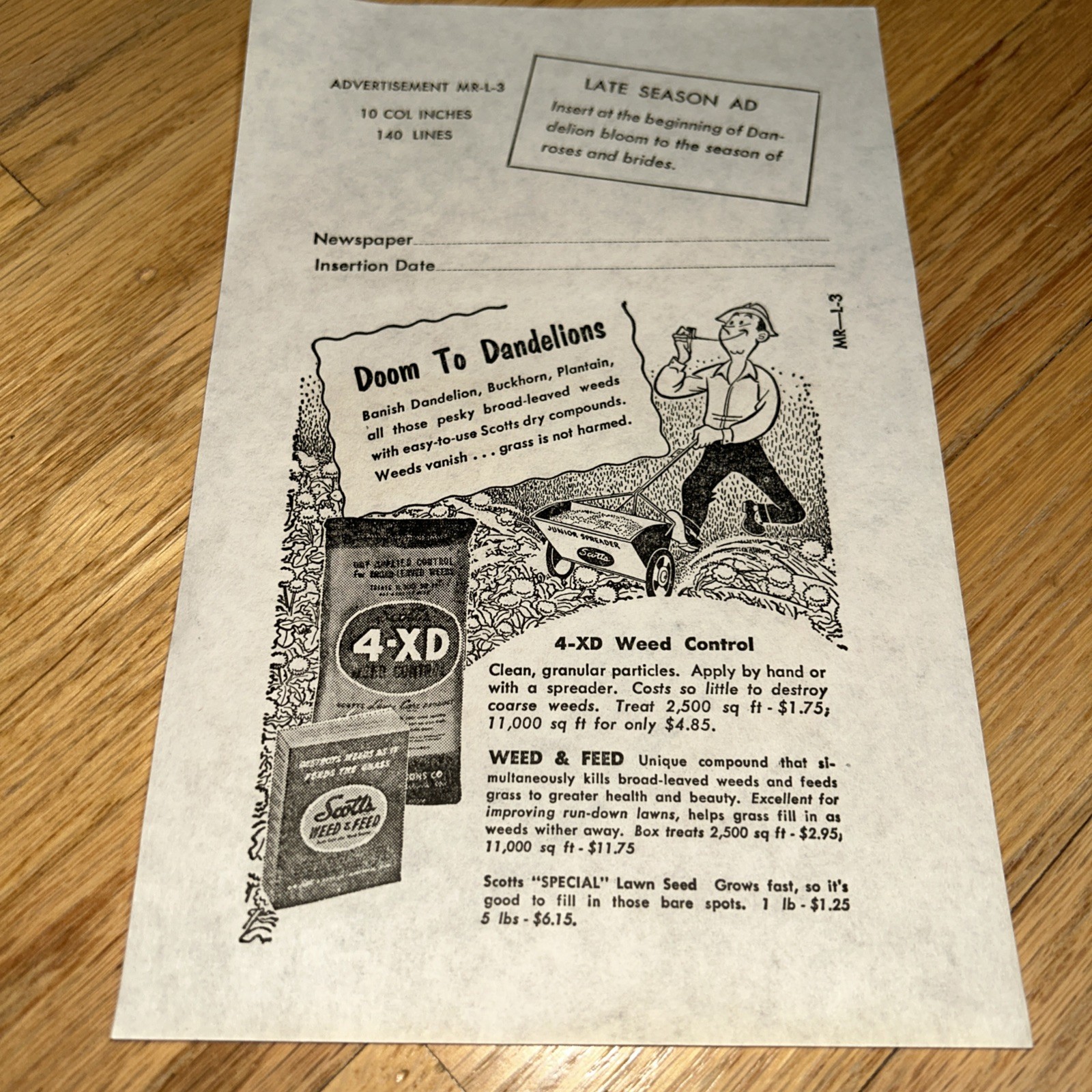 1940s O.M SCOTT & SONS CO Newspaper Mat SCOTT’S WEED CONTROL Marysville OHIO