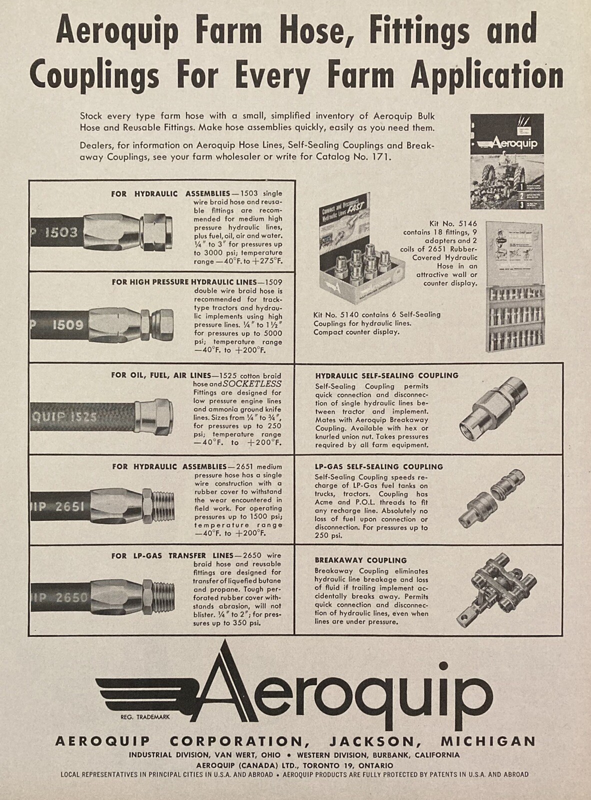 1958 AD.(XH68)~AEROQUIP CO. JACKSON, MI. FARM HOSE, FITTINGS & COUPLINGS