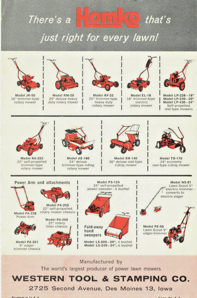 VINTAGE HOMKO ‘SWEPT-LINE’ POWER MOWER BROCHURE! ONE SHEET! REEL & ROTARY MODELS