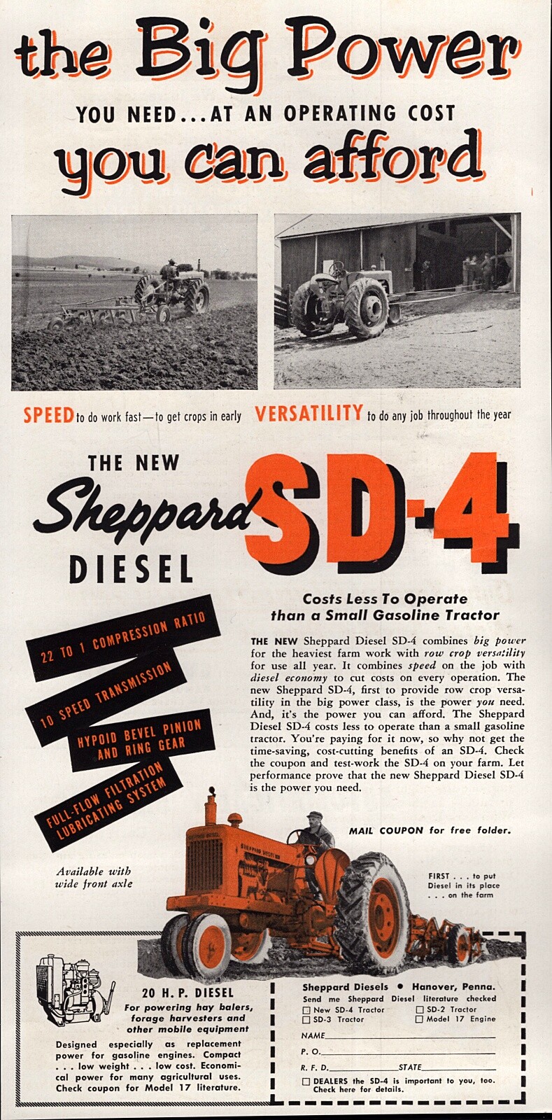1954 Sheppard Model SD-4 Diesel Tractor Original Color Ad