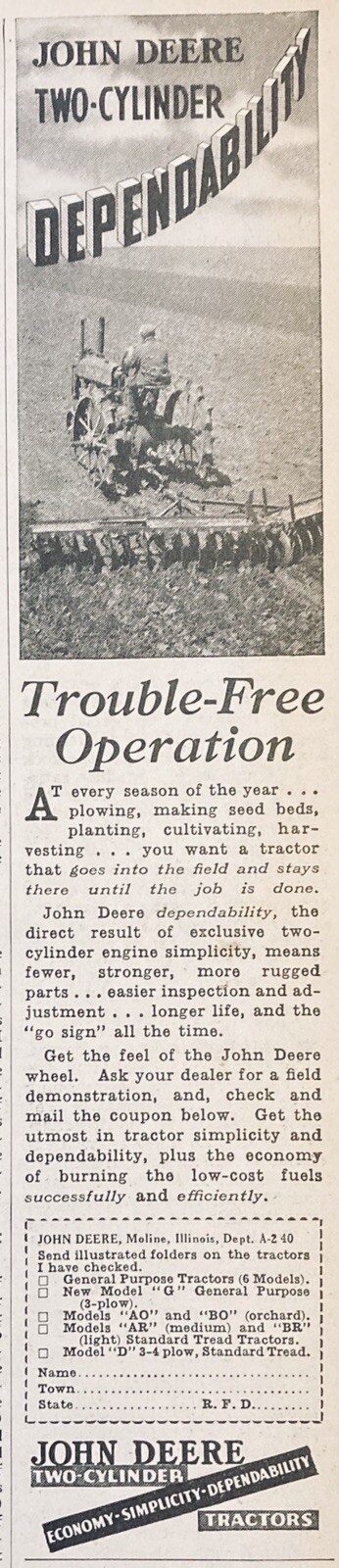 1937 AD.(XG5)~JOHN DEERE CO. MOLINE, ILL. JOHN DEERE TWO-CYLINDER TRACTORS