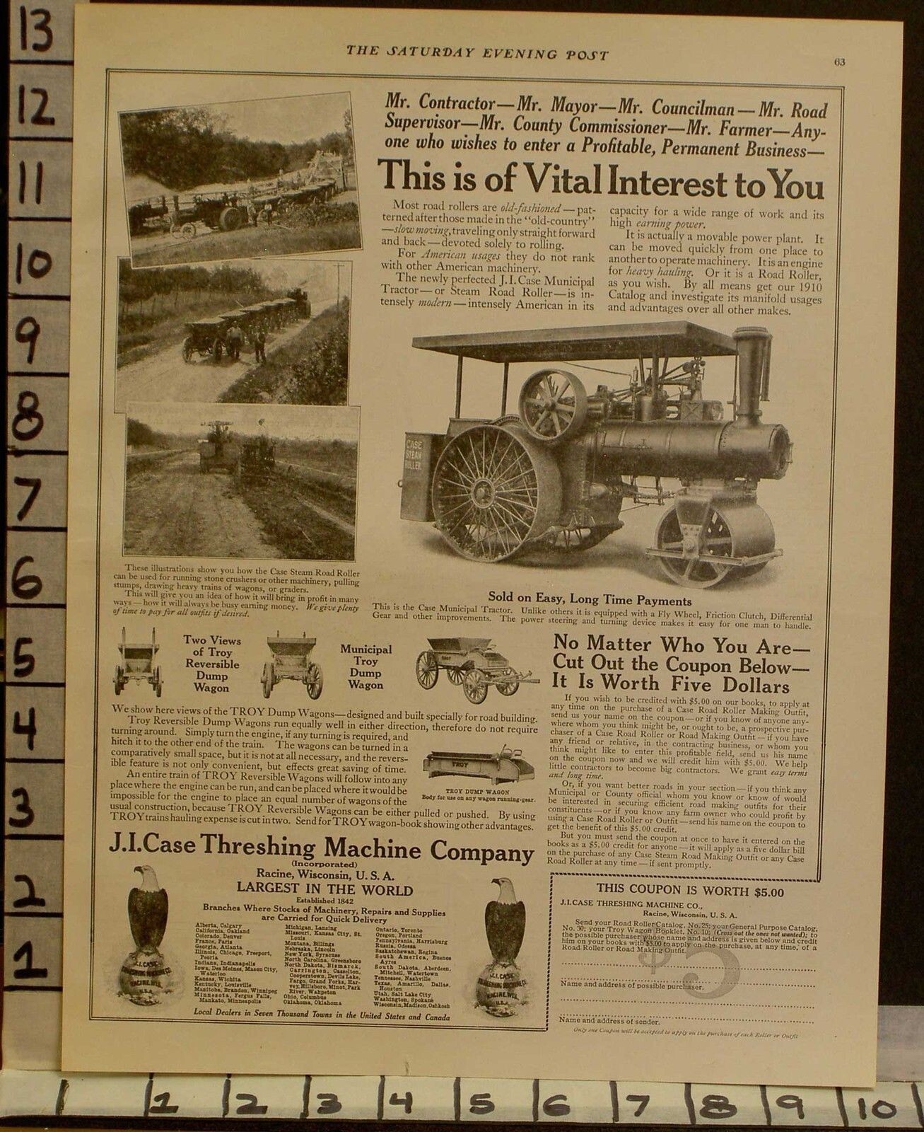 1910 CASE STEAM TRACTOR WAGON FARM AGRICULTURE ROAD CONSTRUCTION AD 23384