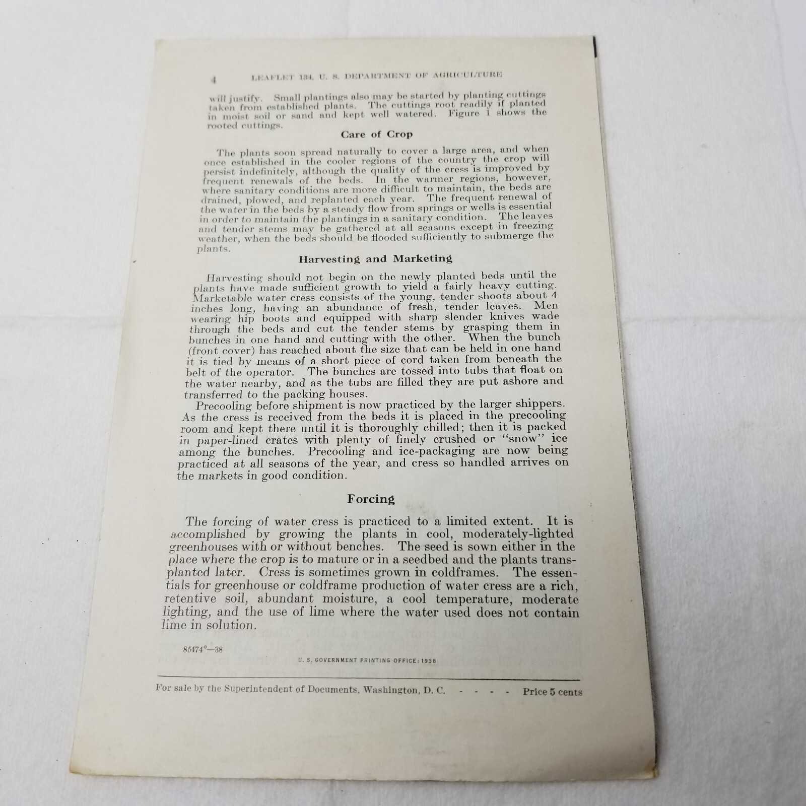 Production of Water Cress 1938 Farmers’ Bulletin Booklet 134 USDA Care Marketing