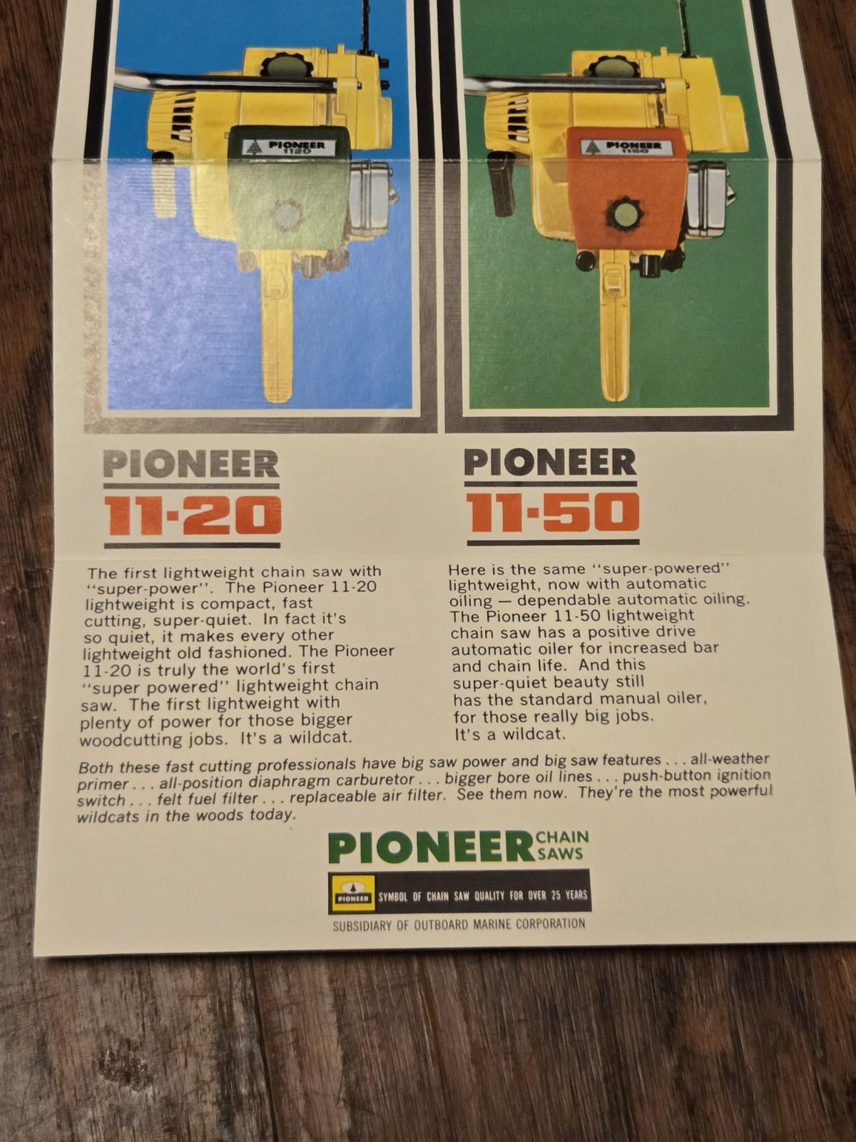 Vintage 1960’s OMC Made Pioneer Chainsaw Brochure For 11-20 & 11-50 “Wildcats”