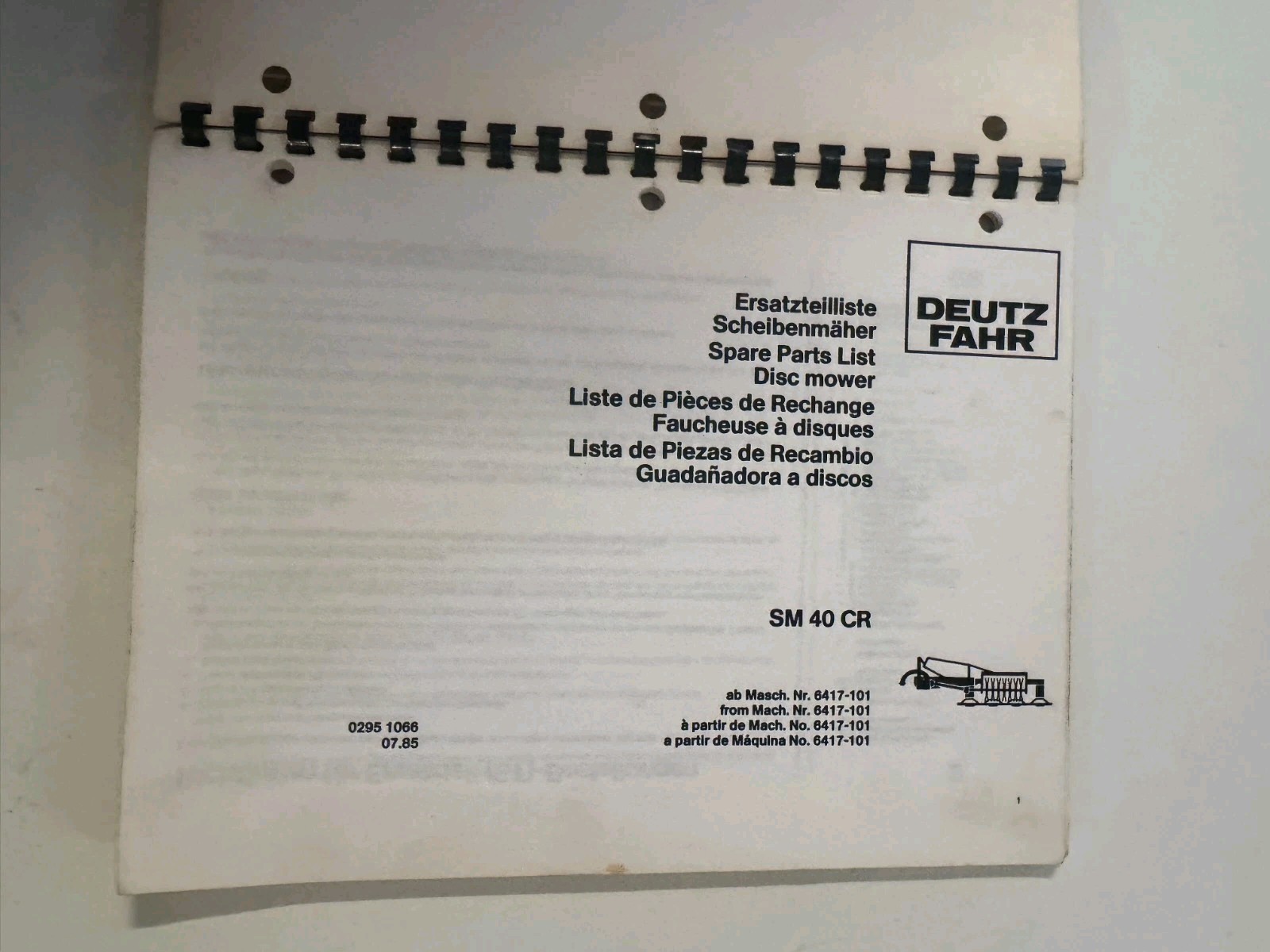 Deutz Fahr SM 40 CR Spare Parts List 1985