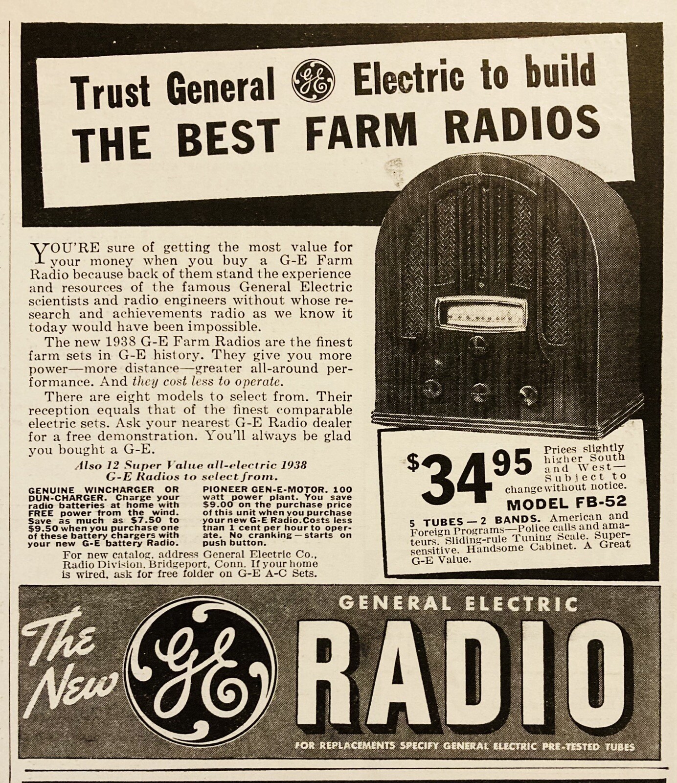 1937 AD.(XH81)~GENERAL ELECTRIC CO. G-E FARM RADIOS