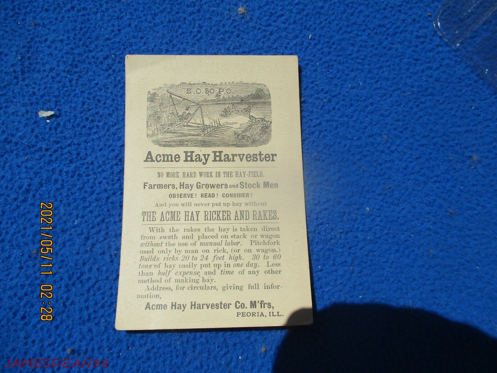 ACME HAY HARVESTER CO TRADE CARD PEORIA ILL, HAY RICKERS RAKES,