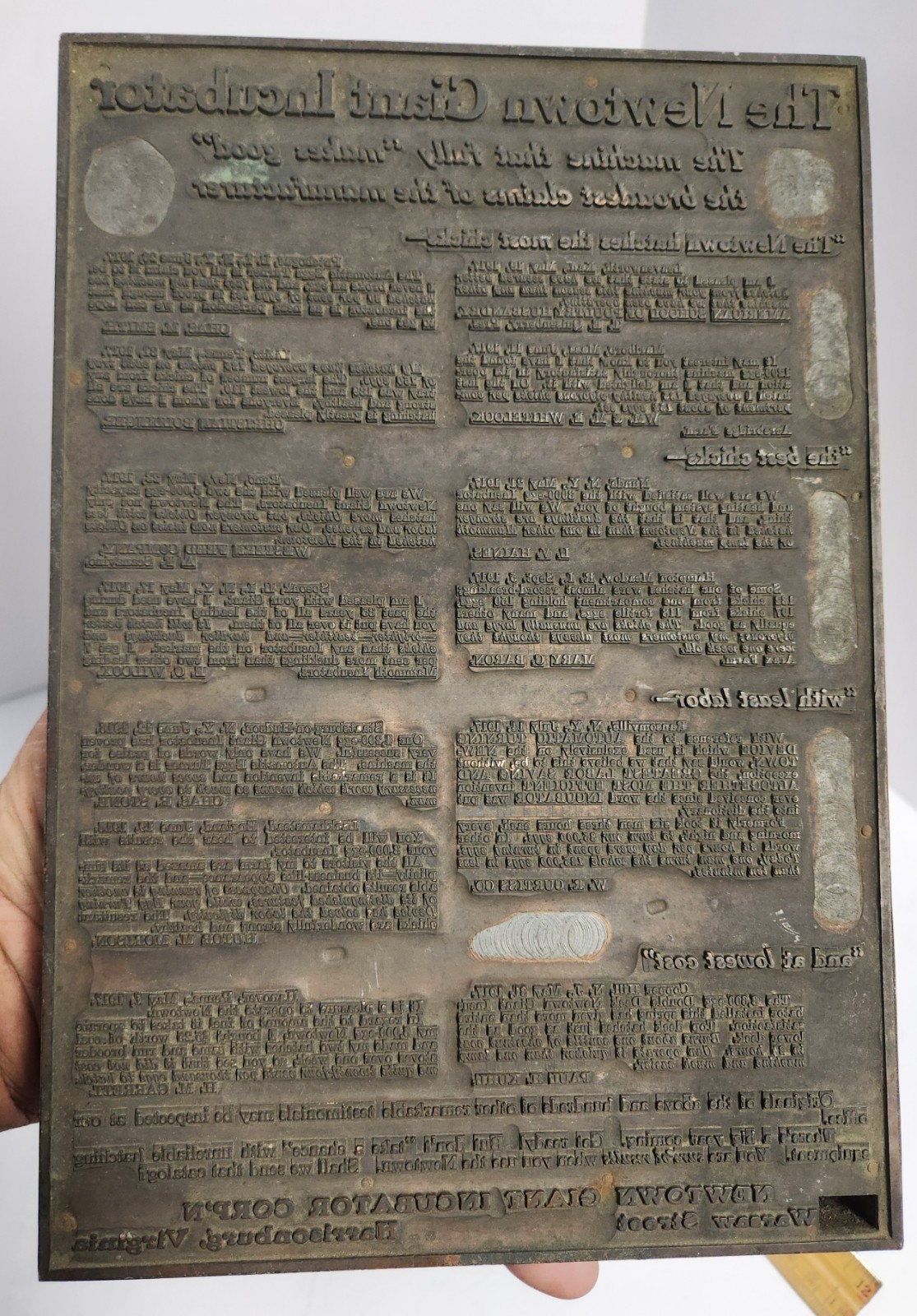1910’s-20’s THE NEWTOWN GIANT INCUBATOR Printing Plate For Full Page Ad. 7″x10″
