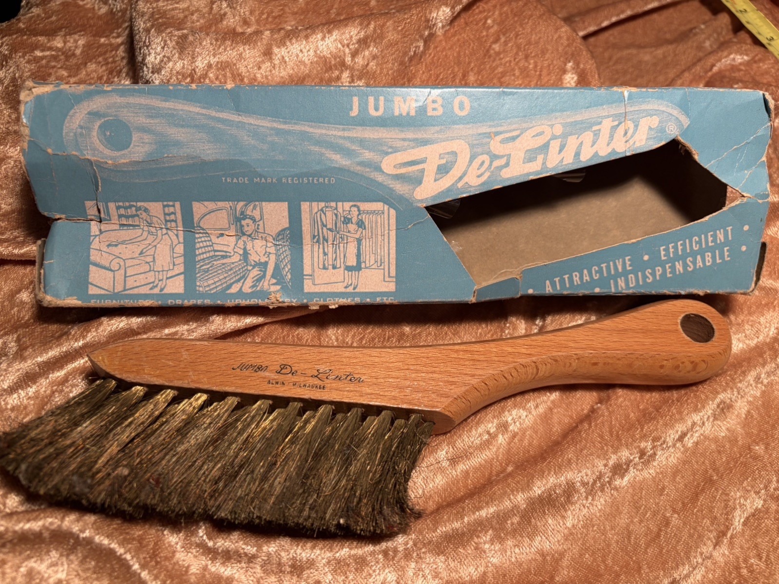 Vintage Advertising delinter wire bristles Jumbo wood handle 9” clothes fabric