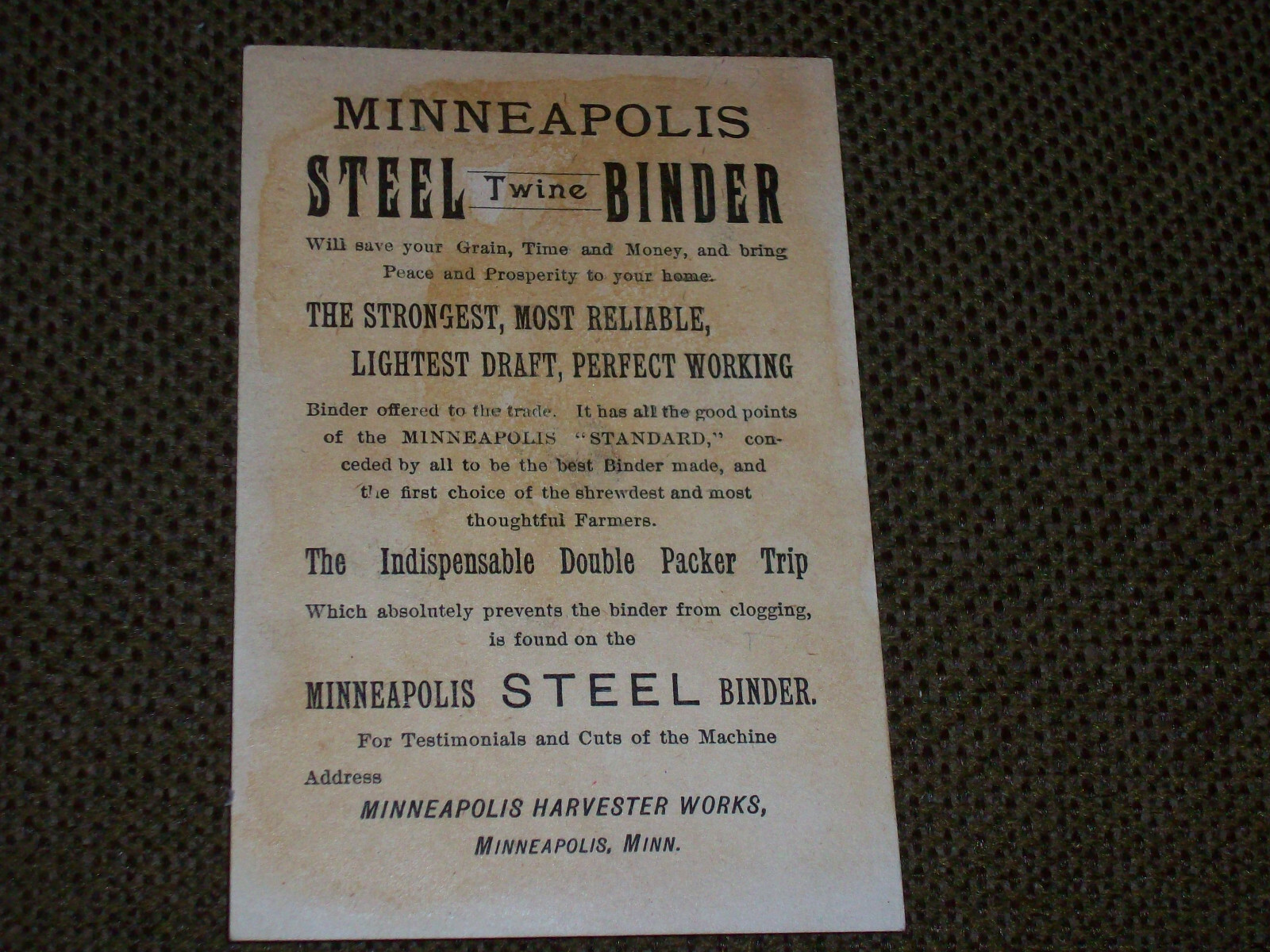 1890’s Minneapolis Harvester Works Advertising Trade Card Steel Twine Binder MN