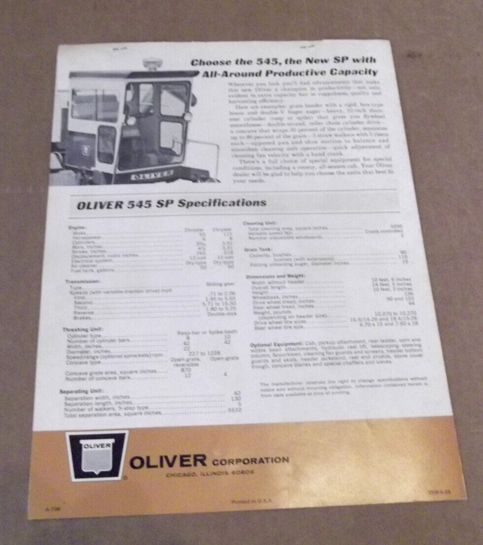 1965 Oliver 545 Self Propelled Combines Factory Sales Brochure
