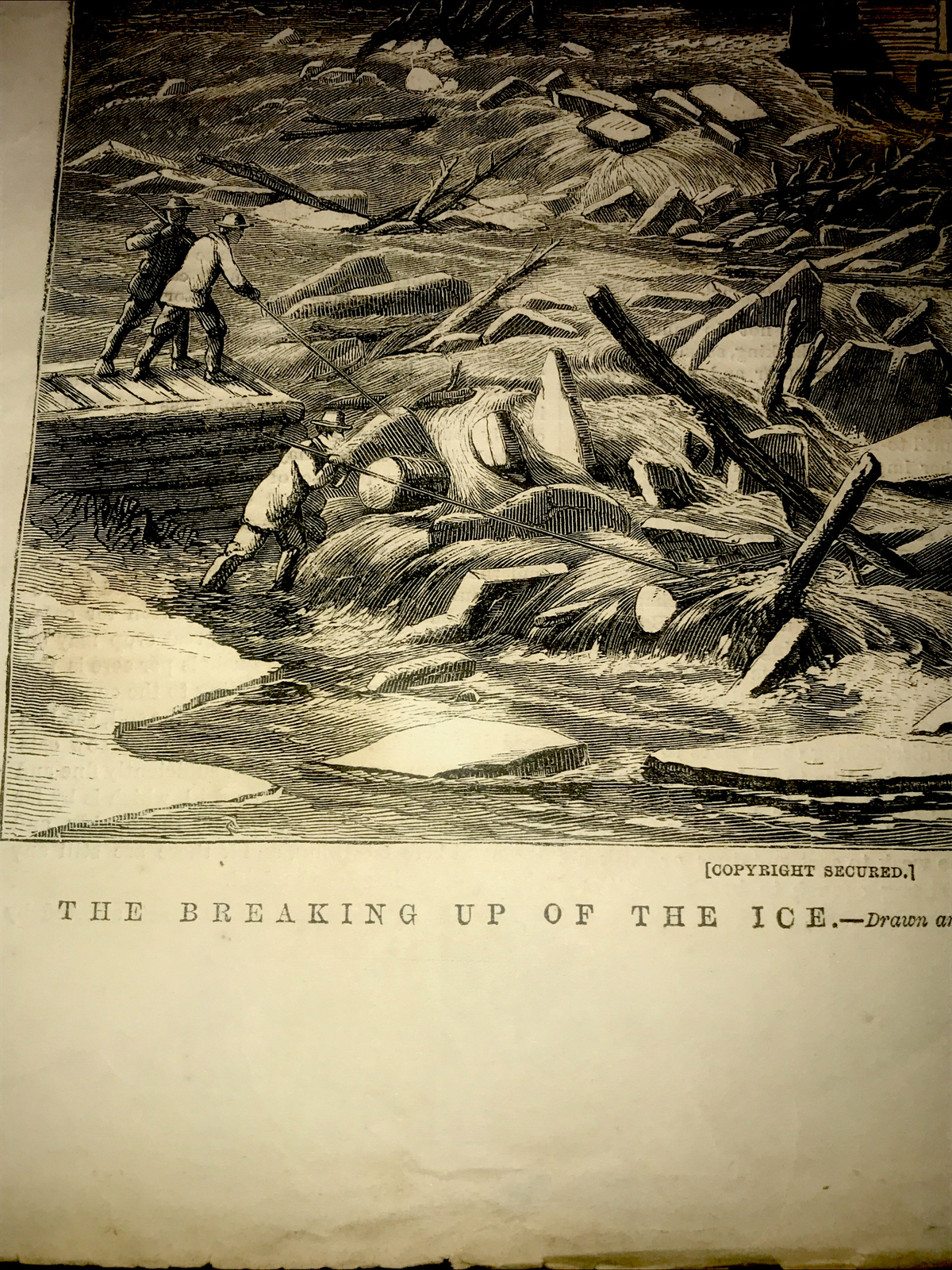 ORIGINAL 1872 THE BREAKING UP OF THE ICE Settler Farm Engraving Advertising