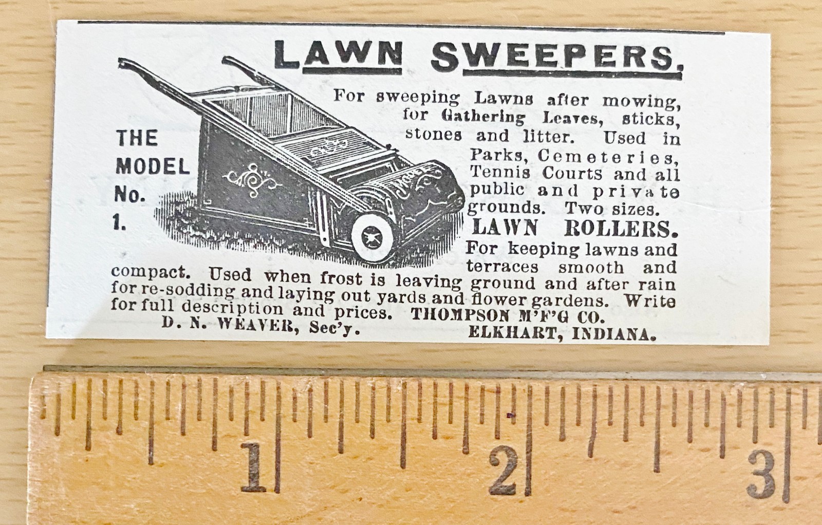 Thompson Mfg. Co. LAWN SWEEPERS The Model No.1 Roller 1892 Print Ad~Elkhart,Ind.