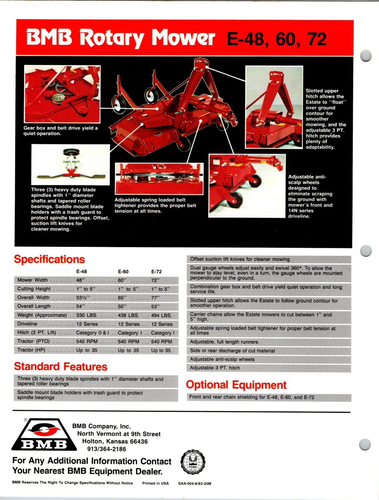 One(1) BMB Rotary Mower Model Estate 48 60 72 Dealer Sales Specs Acces. Brochure