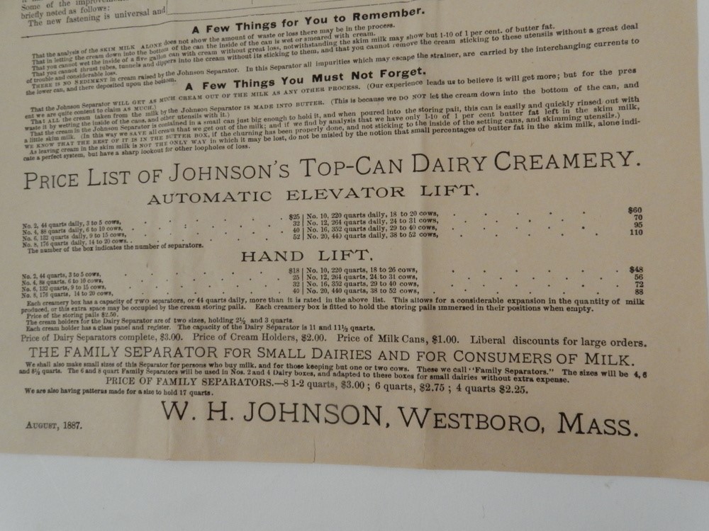 1887 JOHNSON’s Top-Can DAIRY CREAMERY Cream Separator broadside WESTBORO MA milk
