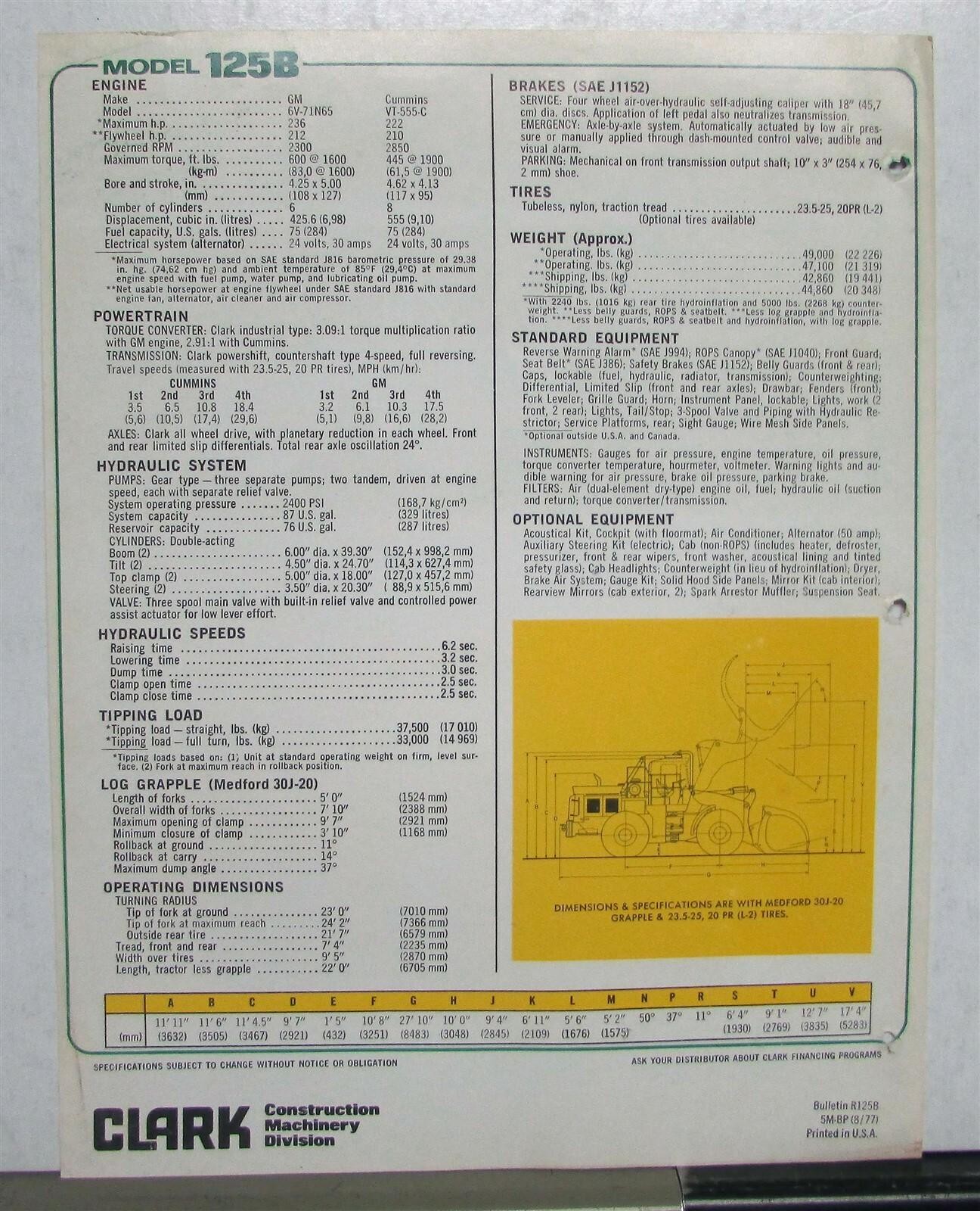 1978 Clark 125B Log Loader Specifications Construction Sales Brochure