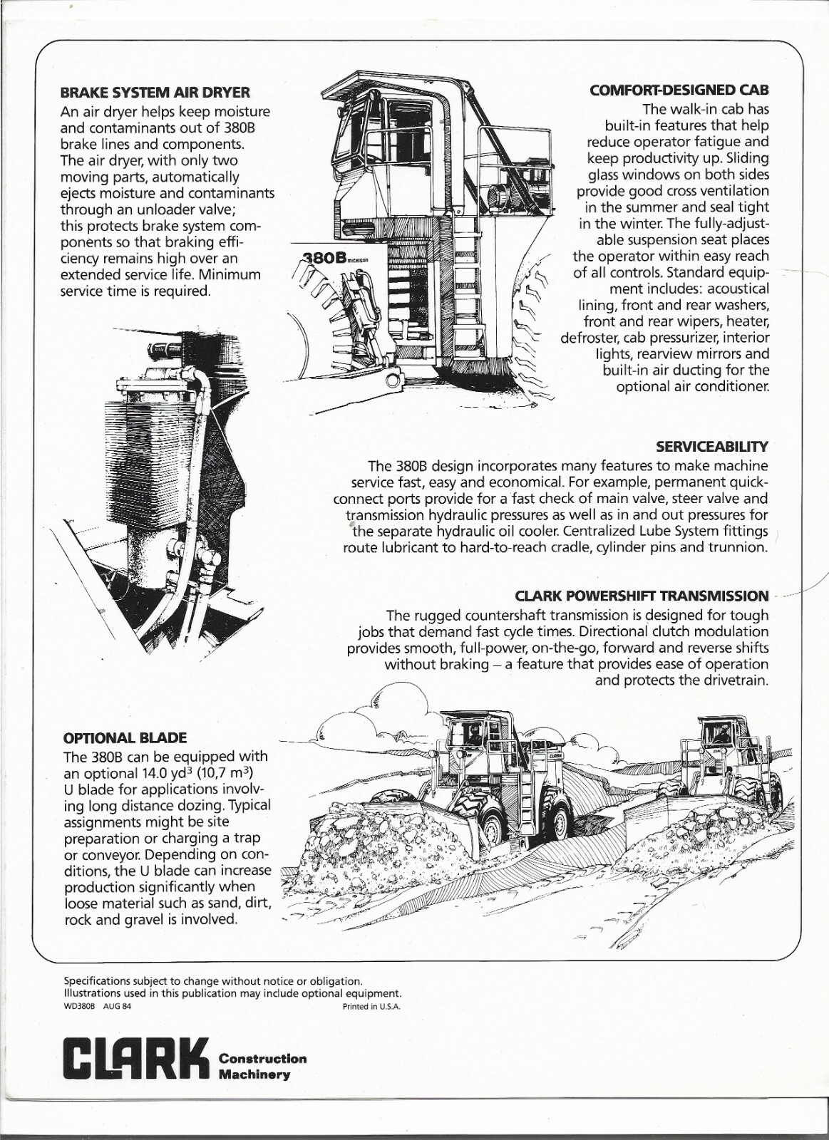 Original Clark Michigan Model 380B Wheel Dozer Sales Brochure 08/84 Form WD380B