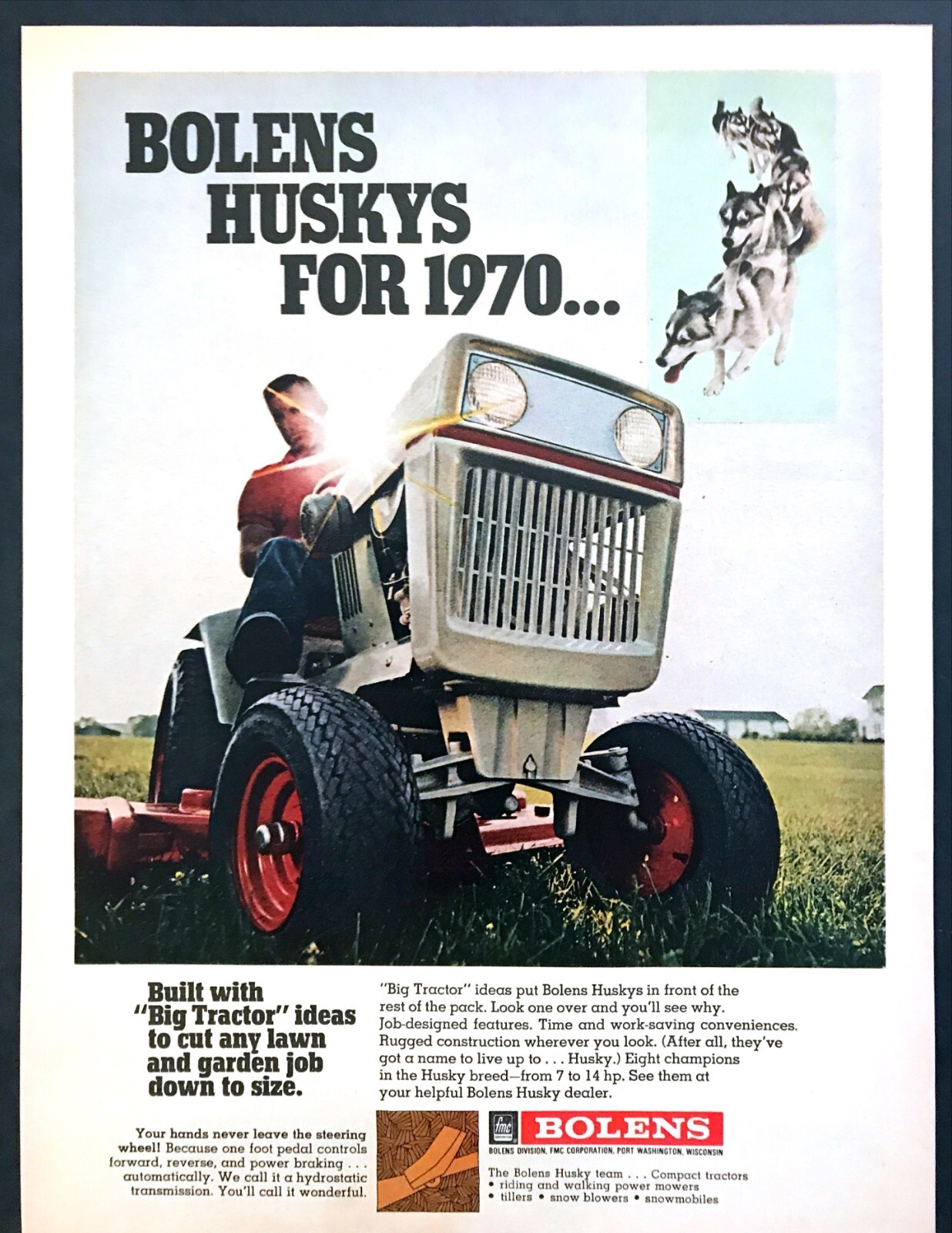 1970 Bolens Husky Big Garden Tractor photo “Cuts Lawns Down to Size” print ad