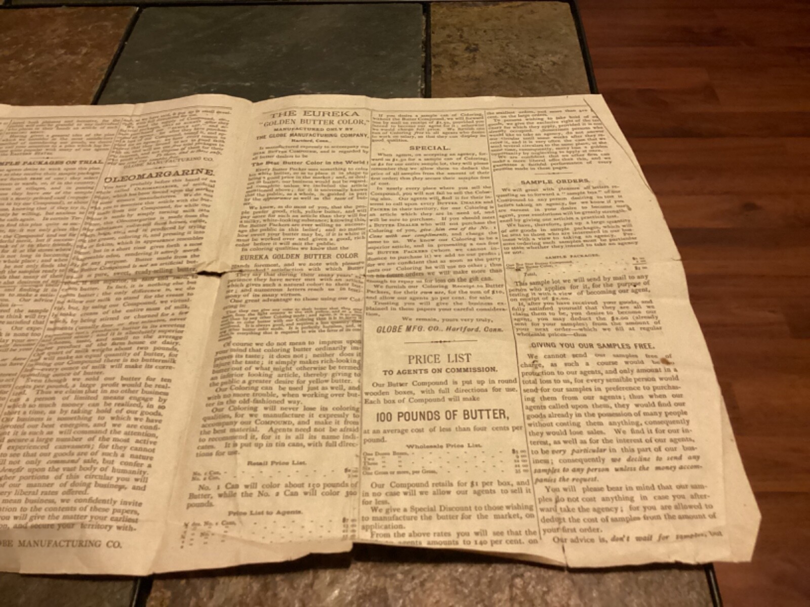 1800s Globe Manufacturing Co, Hartford, “Star Butter Compound” Flyer / Pricelist