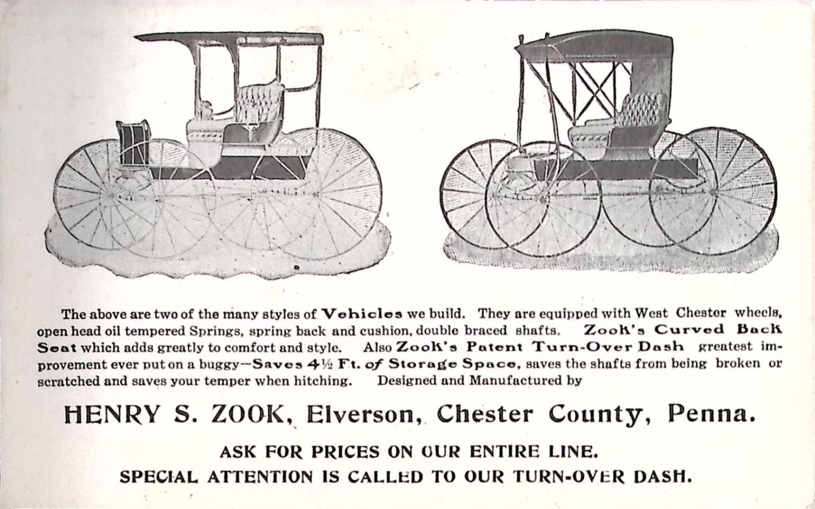 1905 Henry S. Zook Elverson PA Buggy Carriage Advertising Card Chester County