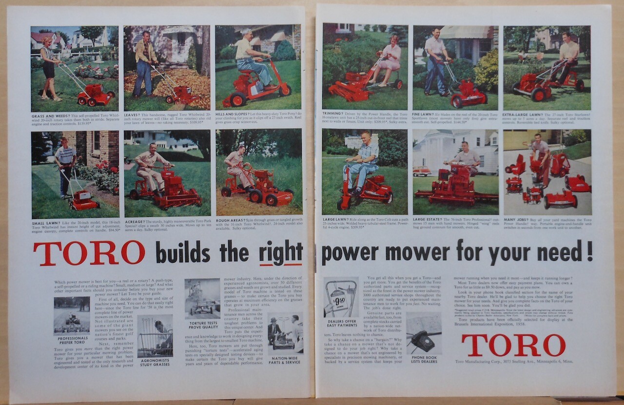 1959 2 page magazine ad for Toro Lawn Mowers – Right Power Mower for Every Need