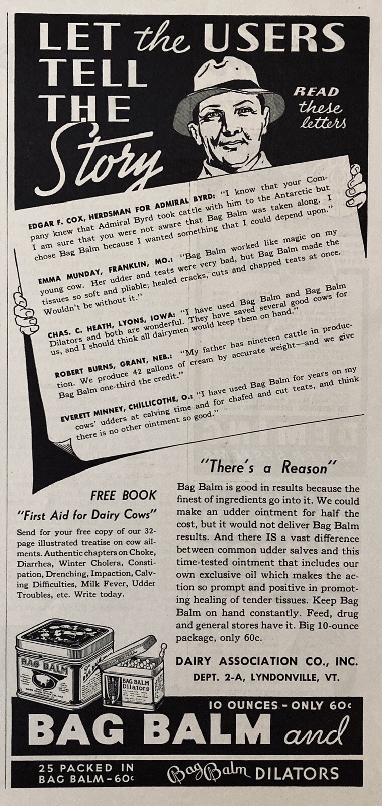 1938 AD.(XH69)~DAIRY ASSOC., CO. LYNDONVILLE, VT. BAG BALM COW AILMENT REMEDY