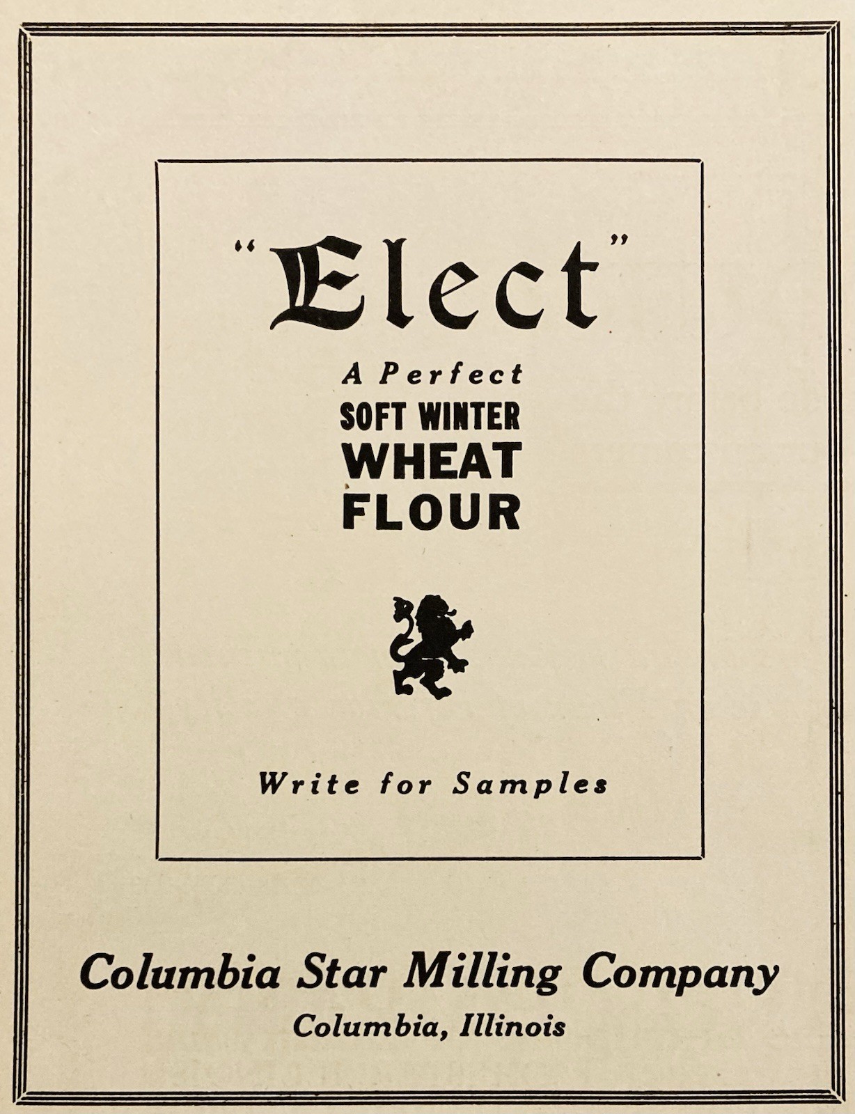 1919 AD.(PC9)~COLUMBIA STAR MILLING CO. ILL. “ELECT” WINTER WHEAT FLOUR